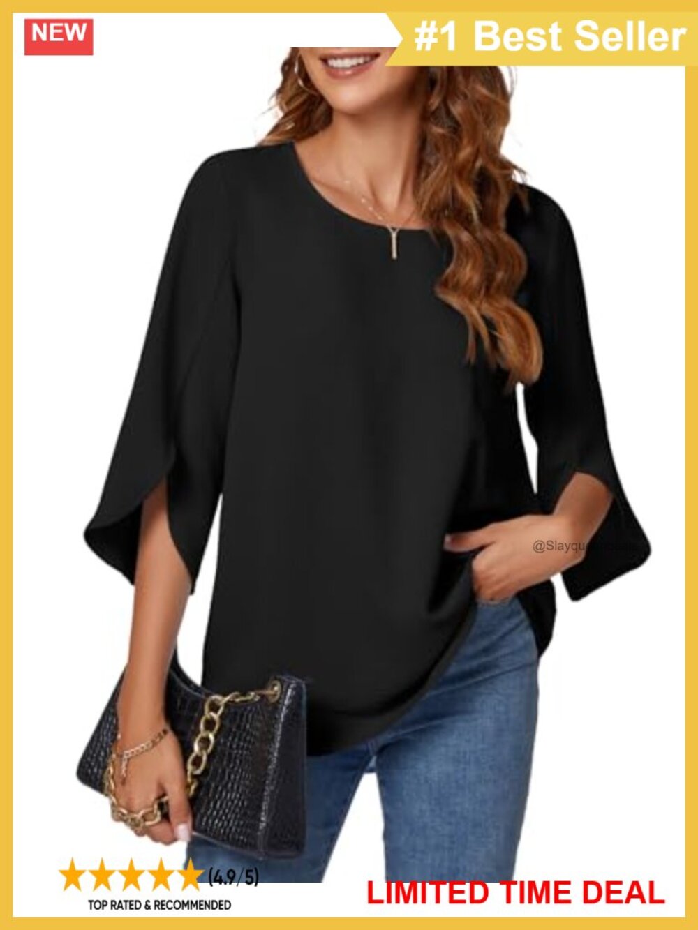 Womens 3/4 Split Bell Sleeve Blouse Pleated Back Business Casual Work Top